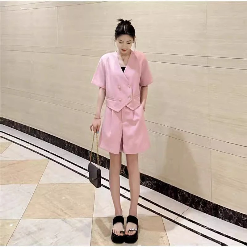 气质时尚套装女2025夏季薄款双排扣小西装外套高腰阔腿短裤两件套