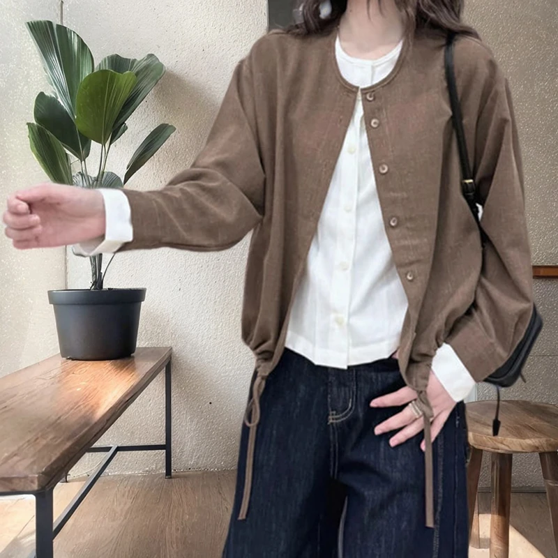 休闲潮流假两件圆领长袖衬衫女2025春季时尚下摆抽绳百搭开衫上衣