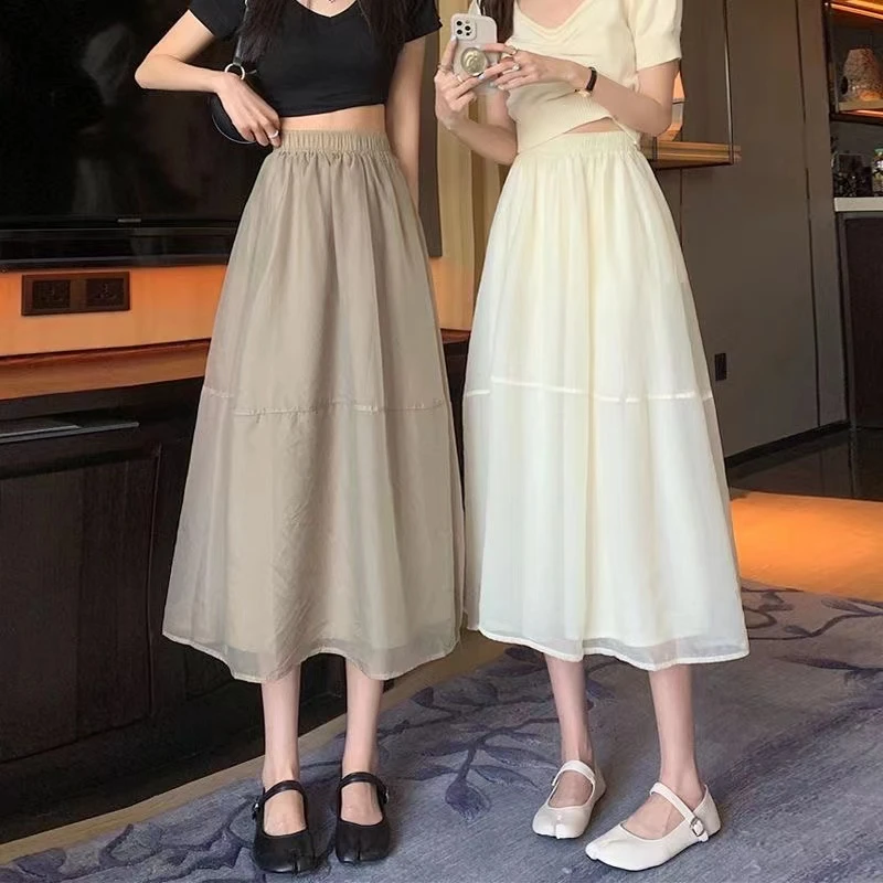 网纱A字半身裙女2025夏季新款中长款大码高腰显瘦超仙森系大摆裙