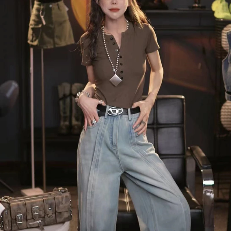 韩系简约短袖T恤女士2025夏季新款设计感半纽扣修身显瘦百搭上衣