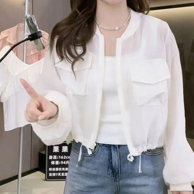 2025年新款夏季收腰短款宽松防晒外套女小个子白色开衫上衣空调衫