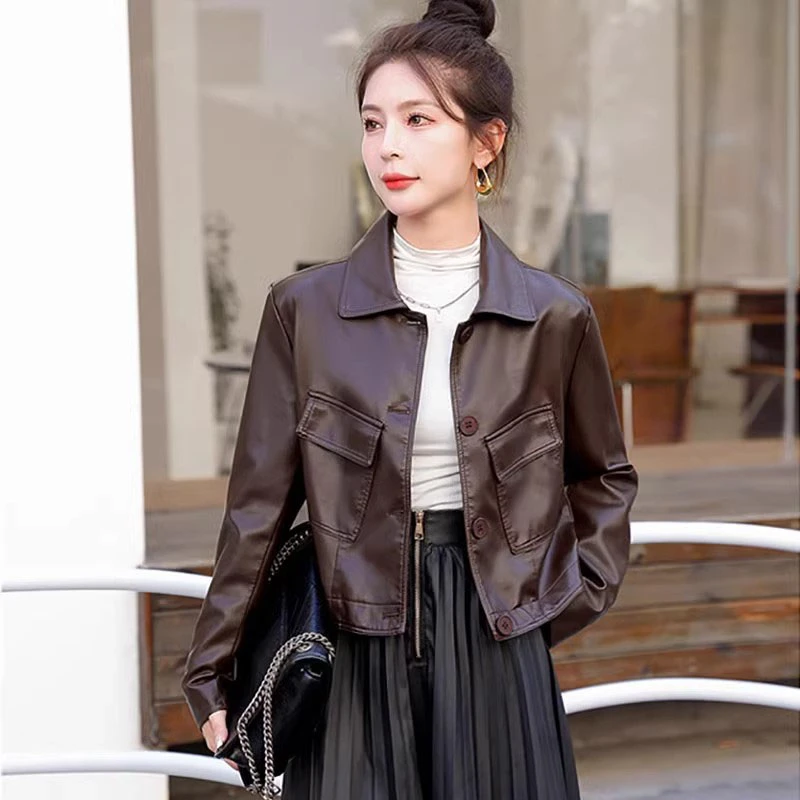 2025春季新款小个子翻领机车服皮衣短外套高级感轻奢潮流皮夹克女