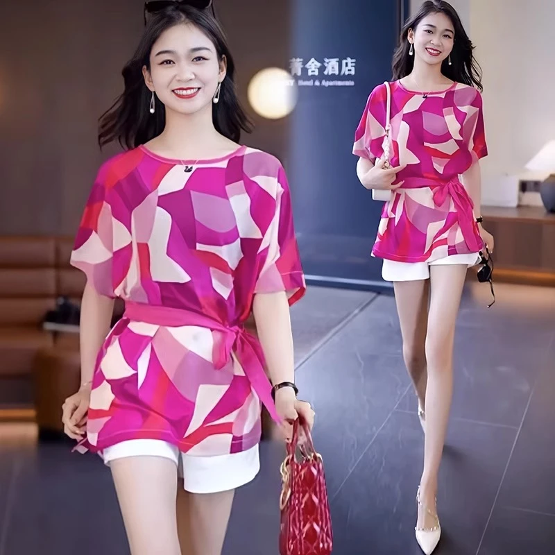 夏季新款小个子收腰显瘦时尚百搭短袖上衣女撞色印花设计感雪纺衫