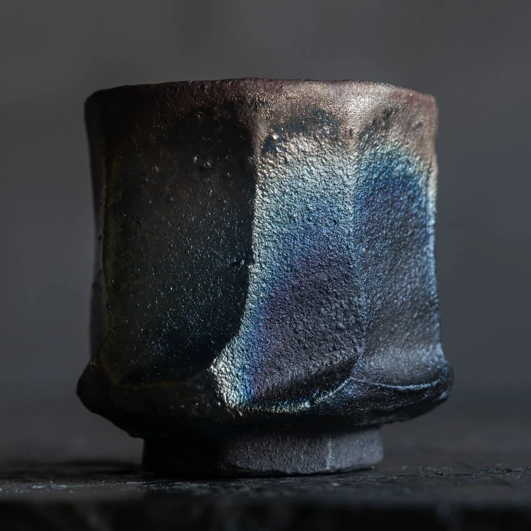 象纹系列玉兰杯柴窑无釉裸烧手作主人杯创意青墨手捏柴烧杯李渔钺