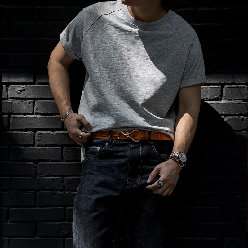 古叔的着美式复古300G重磅竹节棉三色纯色短袖阿美咔叽风格T恤男