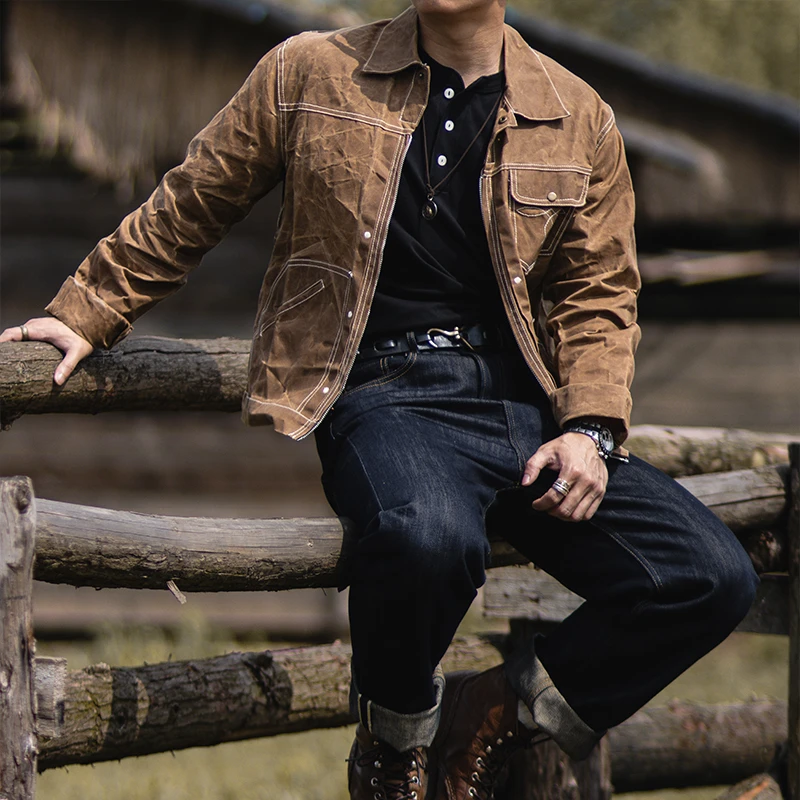 古叔的着美式复古油蜡夹克阿美咔叽帆布黄石猎装翻领修身外套男春