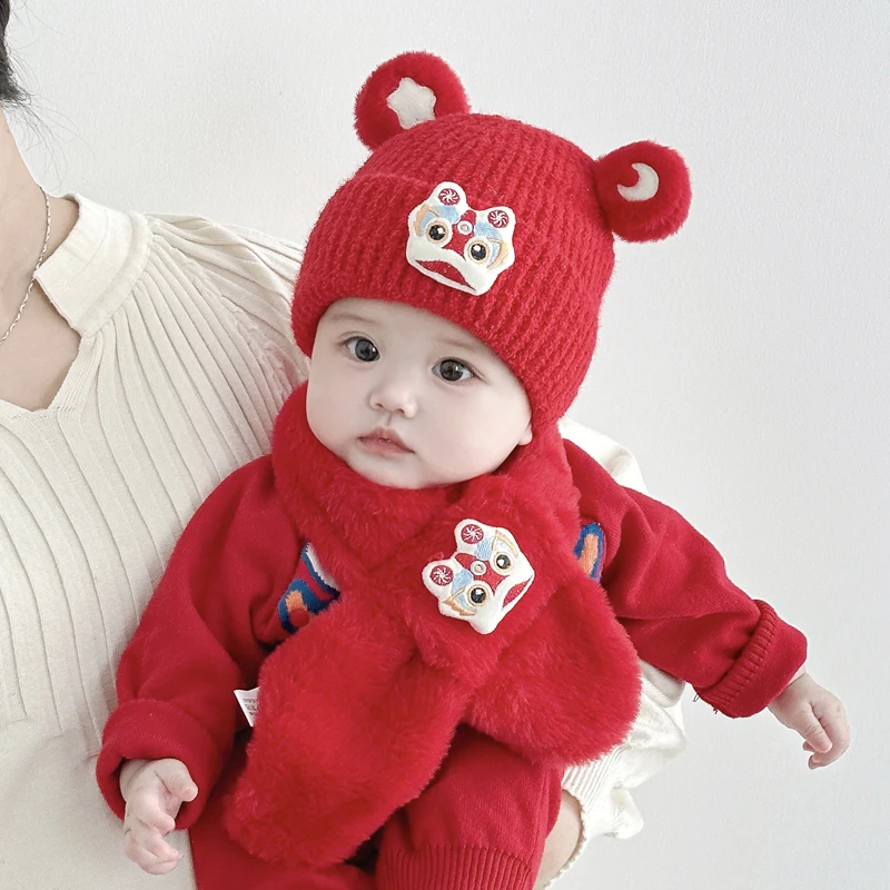 XINGDUOXIONG/星朵熊婴儿冬季宝宝红色喜庆周岁拜年保暖毛线帽