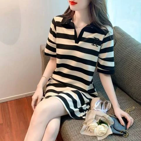 polo领条纹柔软莱卡棉女夏装新款气质减龄宽松显瘦裙休闲连衣裙
