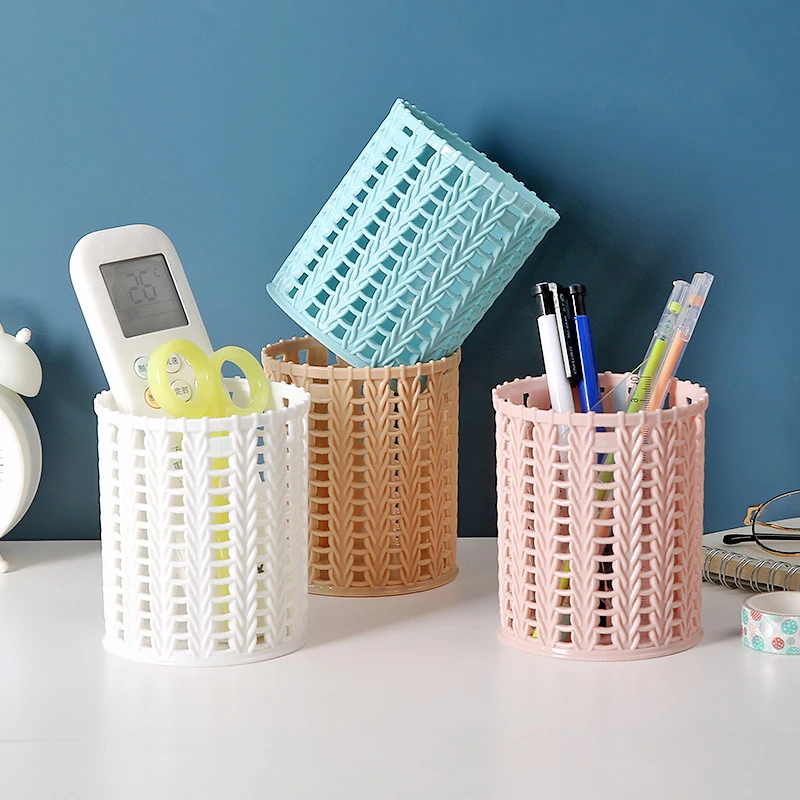 (西藏包邮)仿藤编塑料笔筒简约镂空学生桌面垃圾收纳盒圆形笔桶