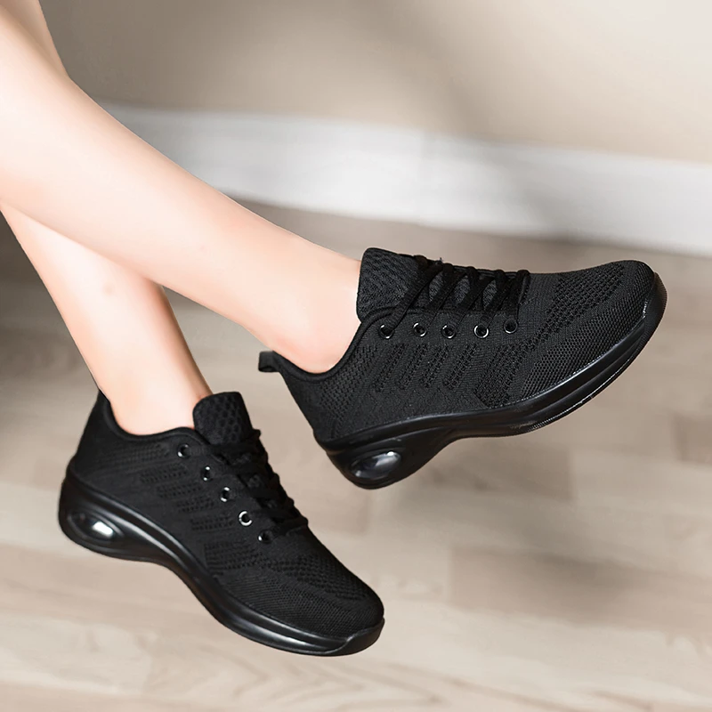 康皇夏季薄网全黑旅游鞋女老北京布鞋厚底工作鞋子透气黑色气垫运