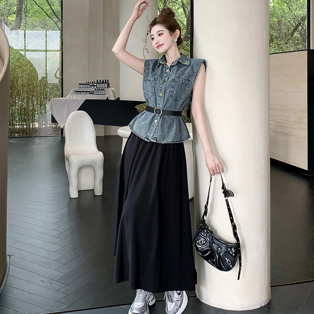 韩系时尚气质穿搭无袖牛仔马甲女高腰开叉半身裙带腰带夏装一整套
