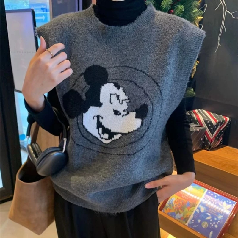 2024早春新品韩版卡通减龄米奇提花针织背心套头毛衣马甲女马夹