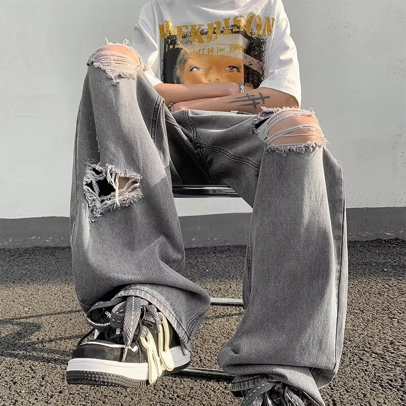 破洞薄款牛仔裤男美式嘻哈潮流宽松直筒长裤潮牌痞帅休闲夏天裤子