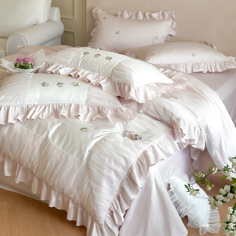 皇后娘娘  韩式公主风长绒棉全棉四件套少女心荷叶边纯棉被套床品