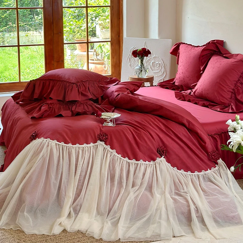 皇后娘娘法式轻奢长绒棉床上四件套纯棉公主风蕾丝花边床单四件套