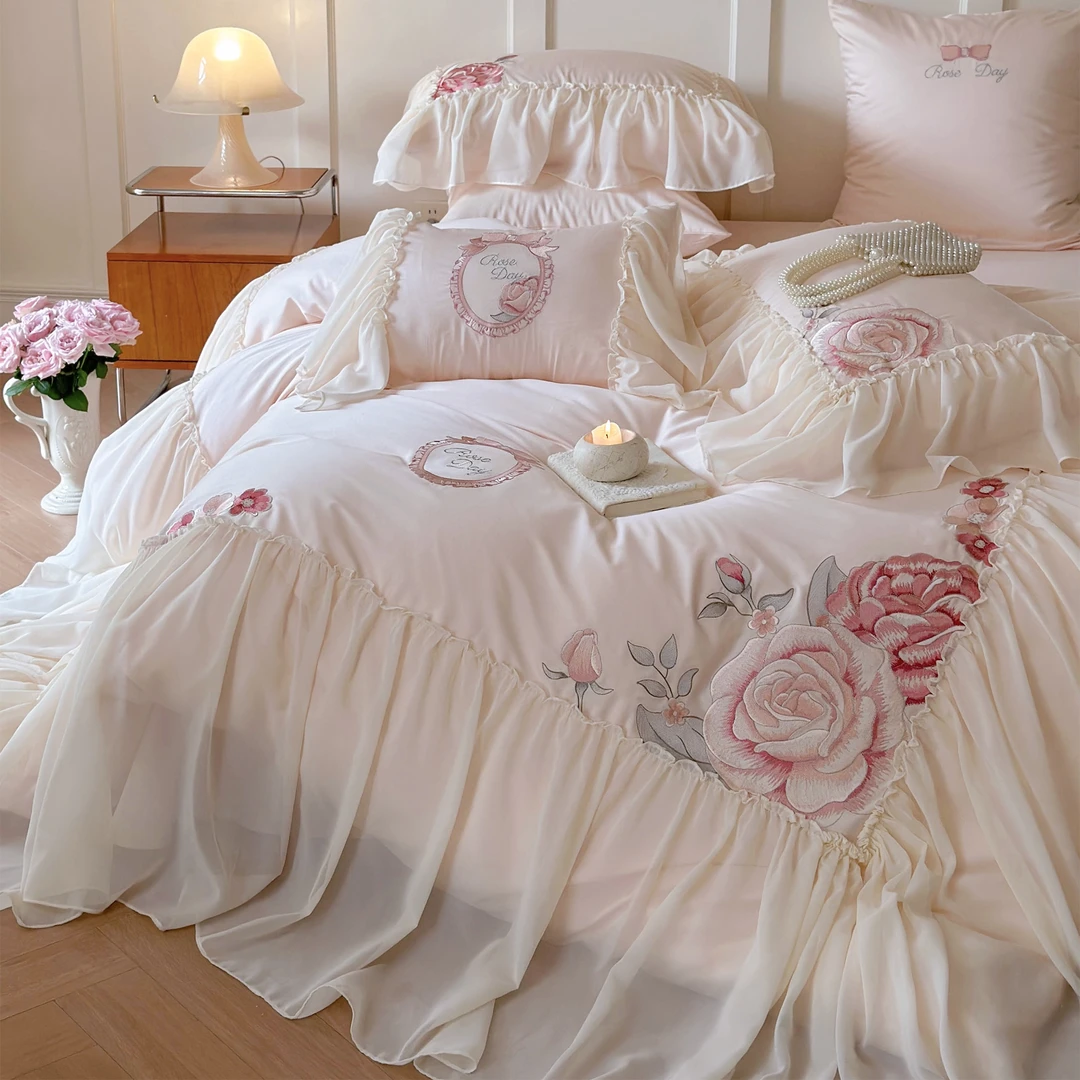 皇后娘娘  轻奢法式纯棉公主风高端绣花长绒棉四件套全棉被套床品