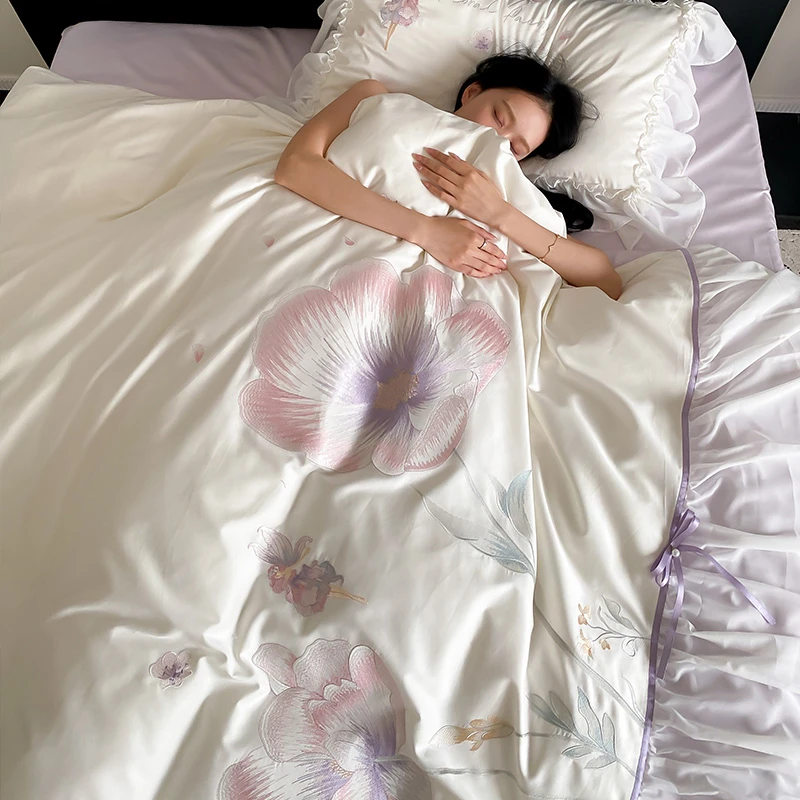 皇后娘娘薄款公主风长绒棉床上四件套雪纺花边刺绣小清新床单被套