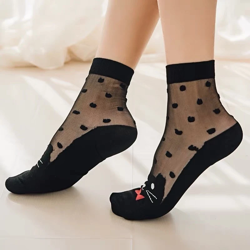 中腰小猫袜子 新款时尚气质薄款水晶丝女袜棉底吸汗透气袜子女