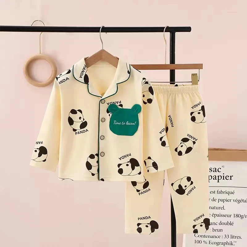 100%纯棉儿童睡衣春秋季卡通风家居服套装宝宝保暖休闲风