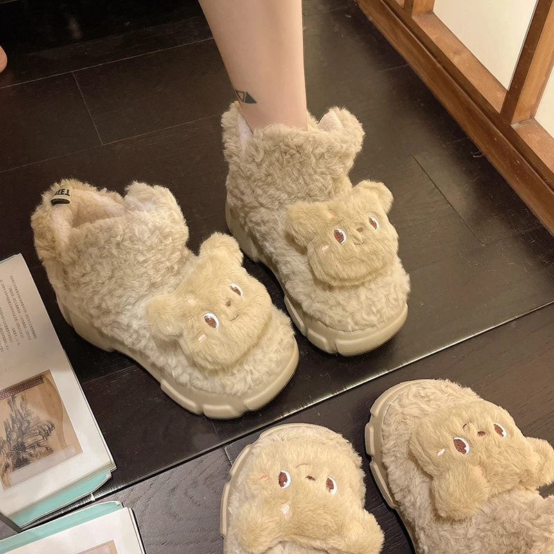 棉鞋女秋冬季保暖包跟厚底加绒外穿高帮可爱小熊室内居家月子女鞋