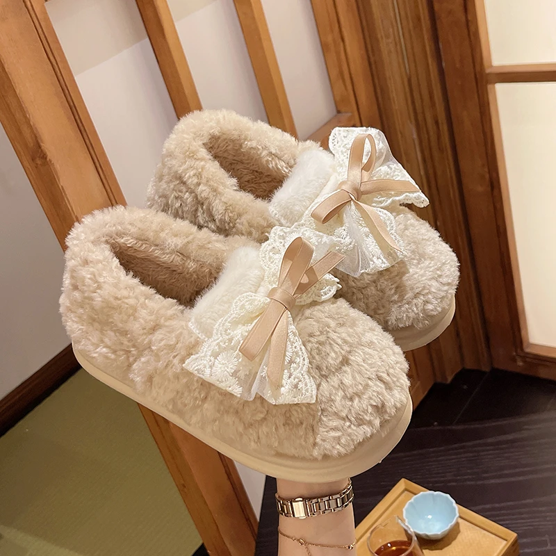 冬季棉拖鞋2023新款女士室内家居厚底月子鞋防滑加绒蝴蝶结毛毛拖