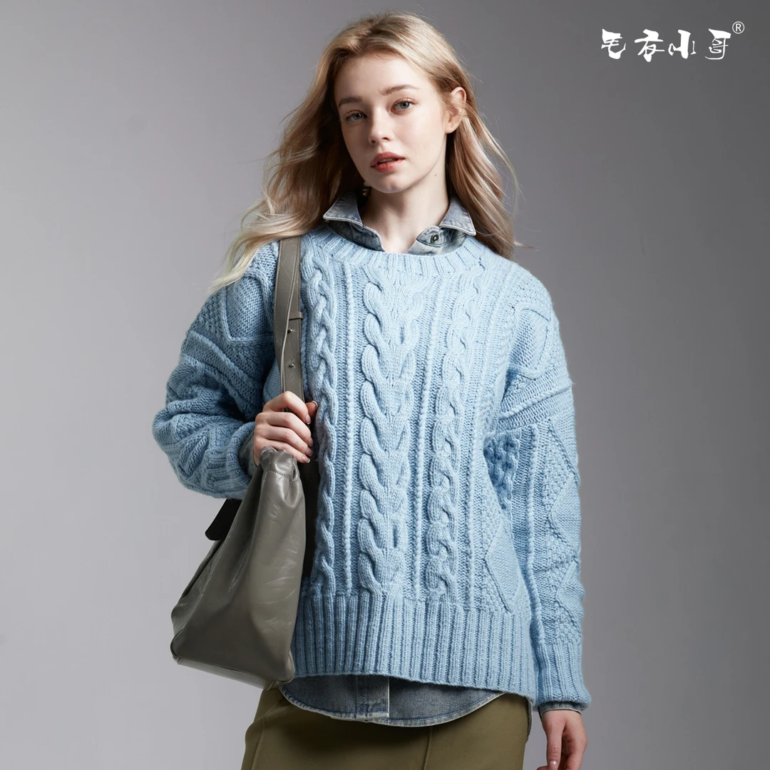 毛衣小哥秋冬新品麻花编圆领毛衣女简约百搭手工编织定制成衣通勤