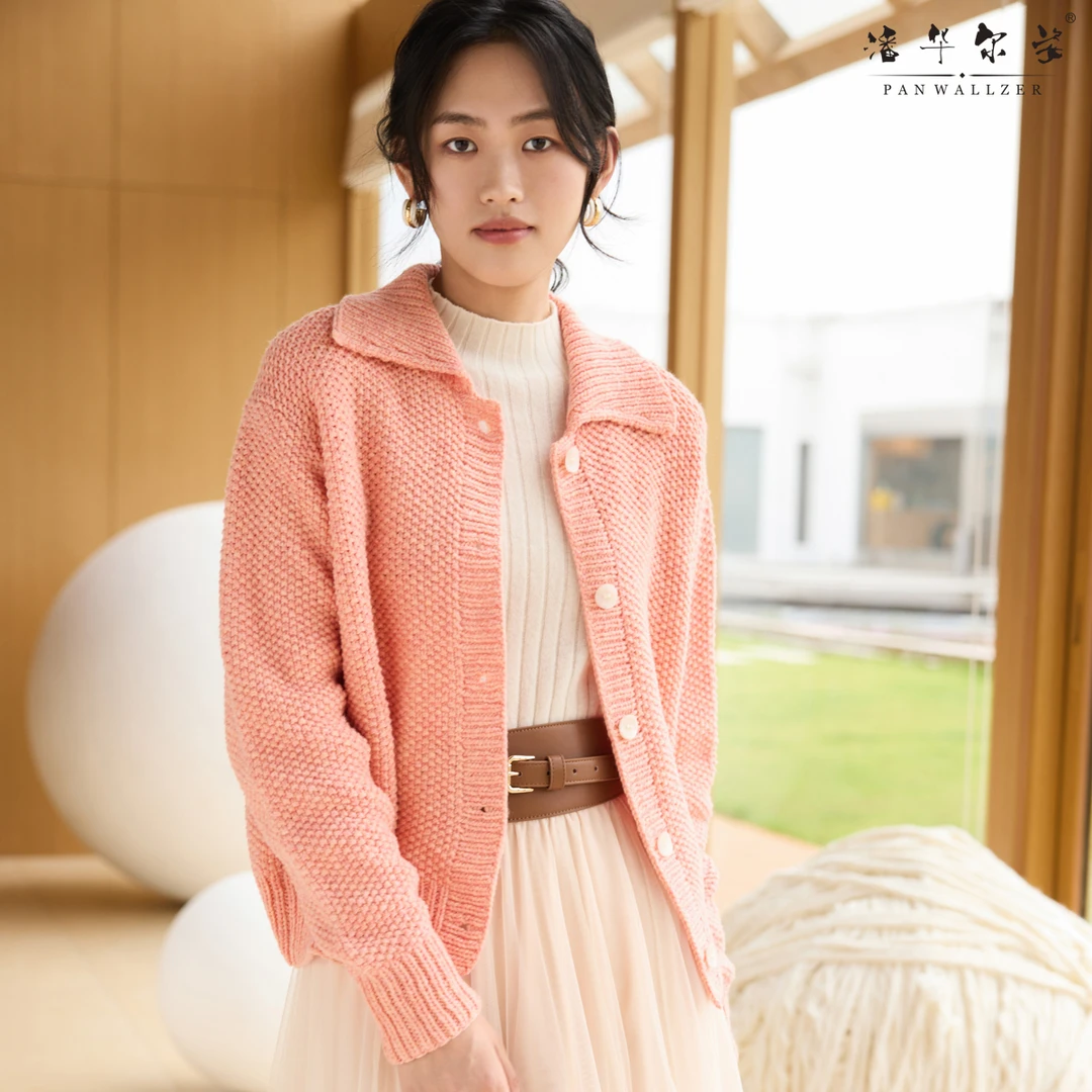 毛衣小哥新品短款宽松长袖满天星翻领开衫外套女休闲时尚气质高级