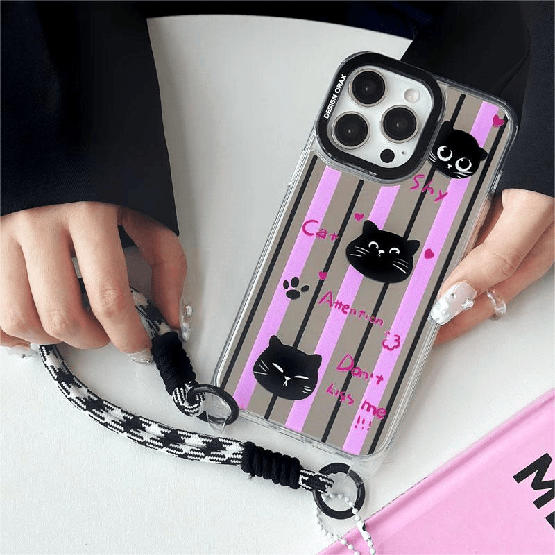 高级镜面猫咪苹果13带挂绳15promax软胶14腕带12全包11防摔手机壳