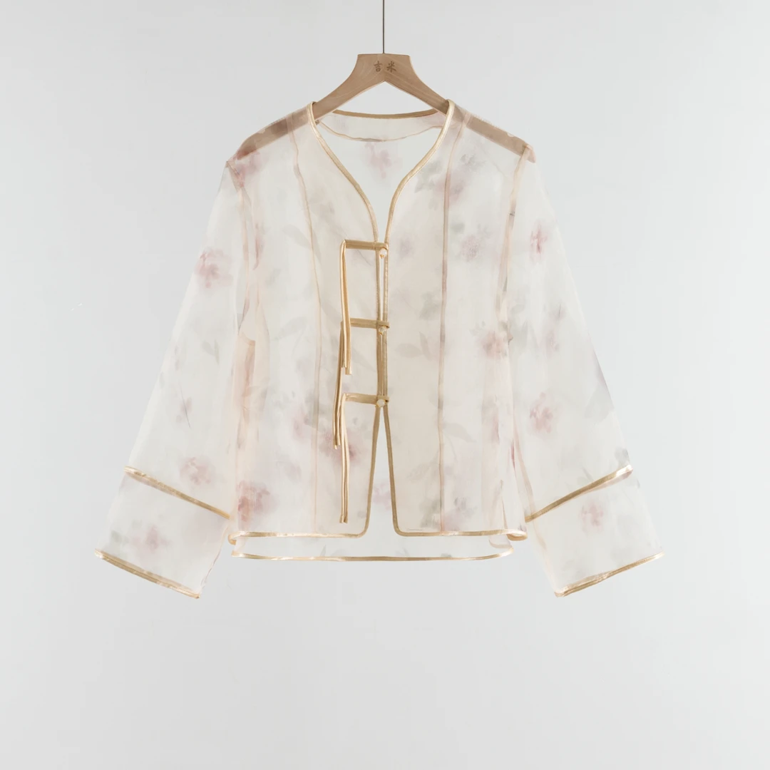 吉米原创-新中式盘扣V领长袖衬衫245850衣长58胸围100