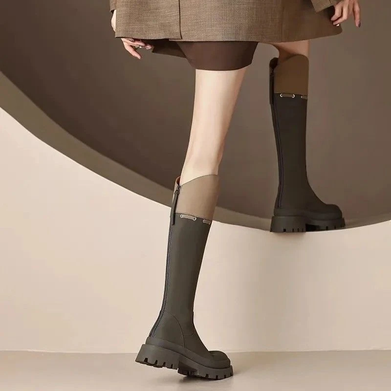 Sema潮圆头拼色长靴女春夏爆款新款百搭不过膝长筒靴厚底高筒骑士