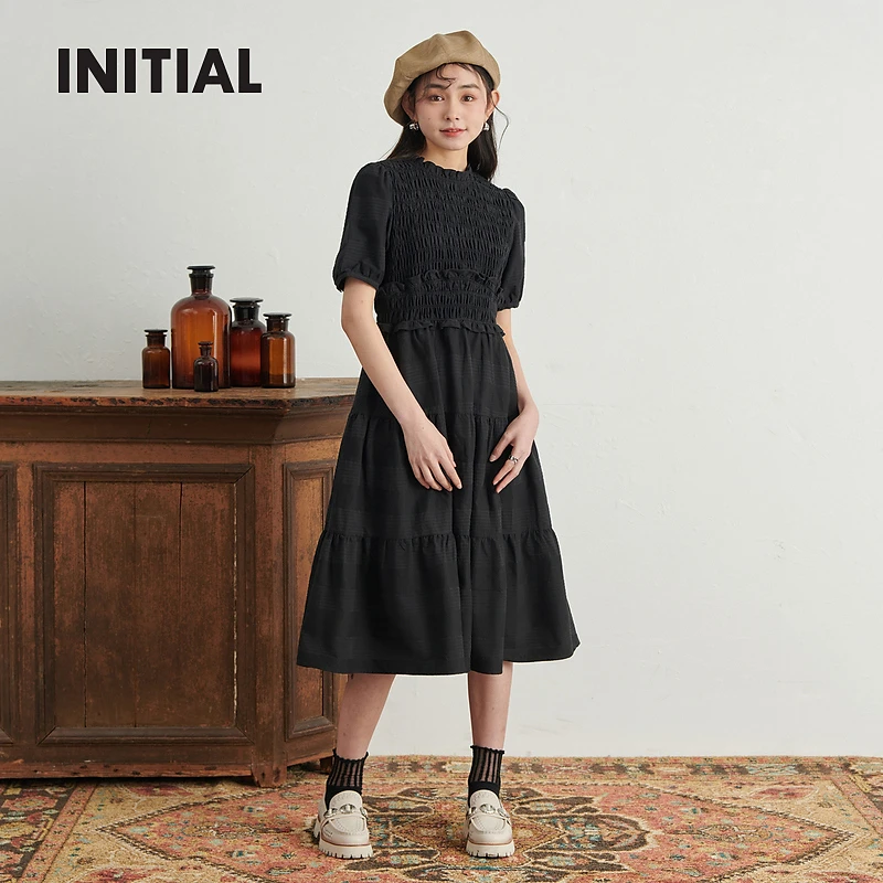 INITIAL24春季新款花边领短袖弹力褶皱收腰娃娃裙女24SDNFOCXX710