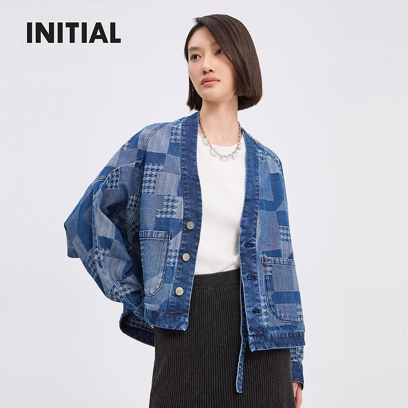 INITIAL24秋季新款短款不规则图案提花牛仔外套女24FJKFOCXX735