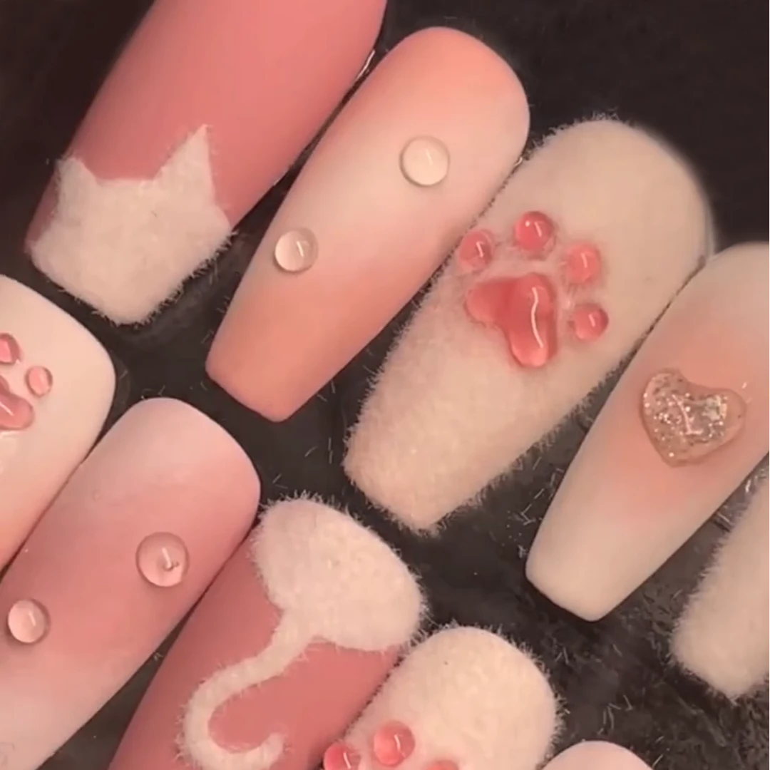 毛绒绒立体猫爪穿戴甲可爱粉色小奶猫美甲成品高级感手工定制少女