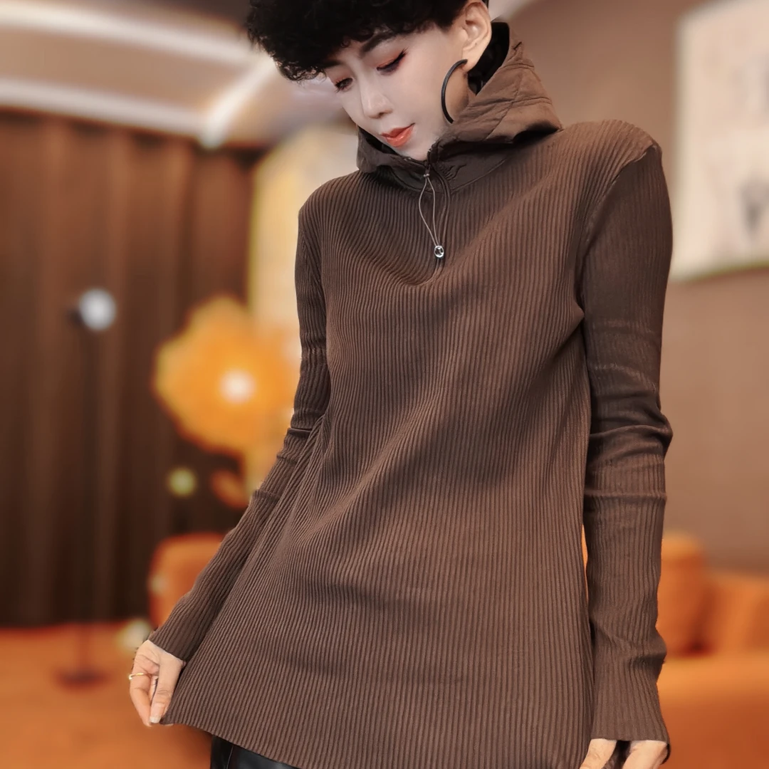 【妮菲丝娅】原单正版抽条针织戴帽打底衫8927