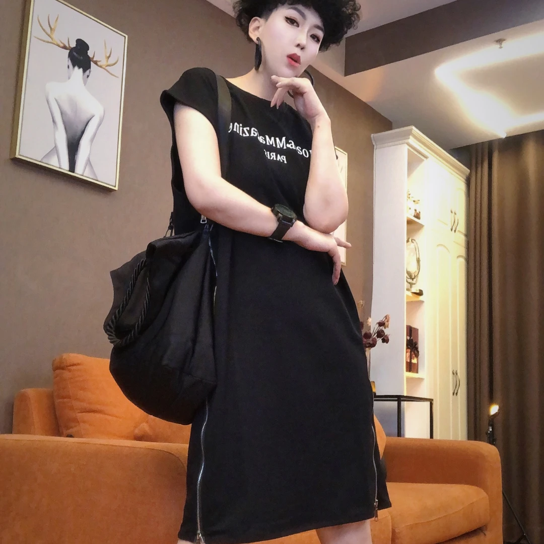 【妮菲丝娅】时尚休闲两侧拉链设计气质夏季显瘦简约体恤裙9673背心