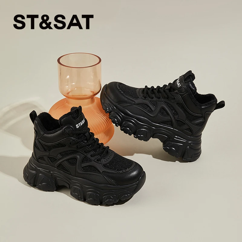 星期六厚底防滑老爹鞋女2025新款冬季加绒高帮运动休闲鞋女短靴子