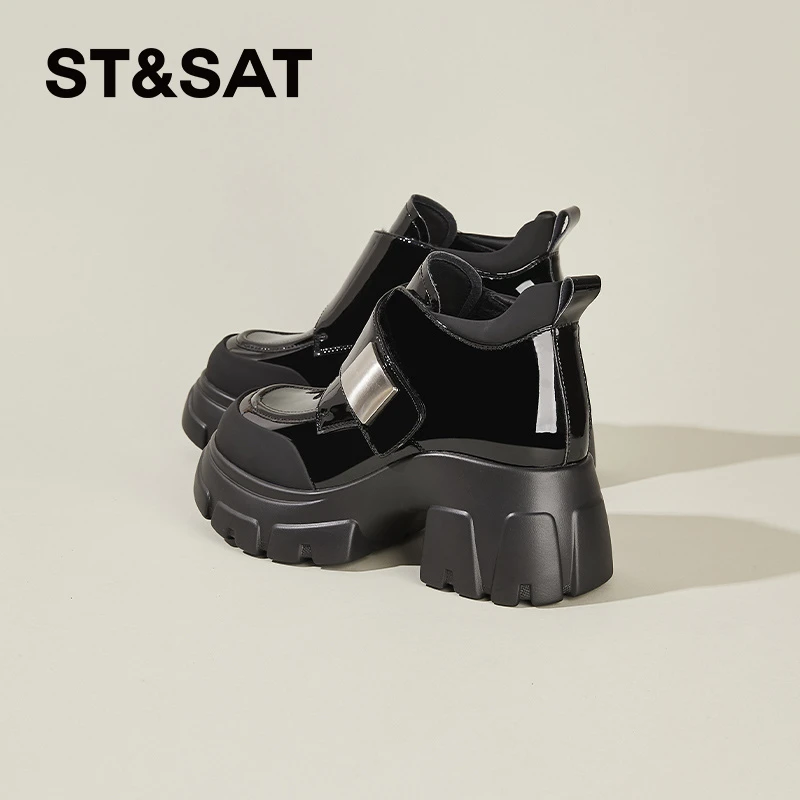 星期六真皮鞋马丁女款2024新款秋冬季加绒内增高厚底短靴子女鞋子