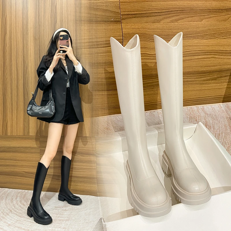 安安女鞋显瘦白色长靴女内增高冬季厚底长筒靴V口瘦瘦骑士靴洋气