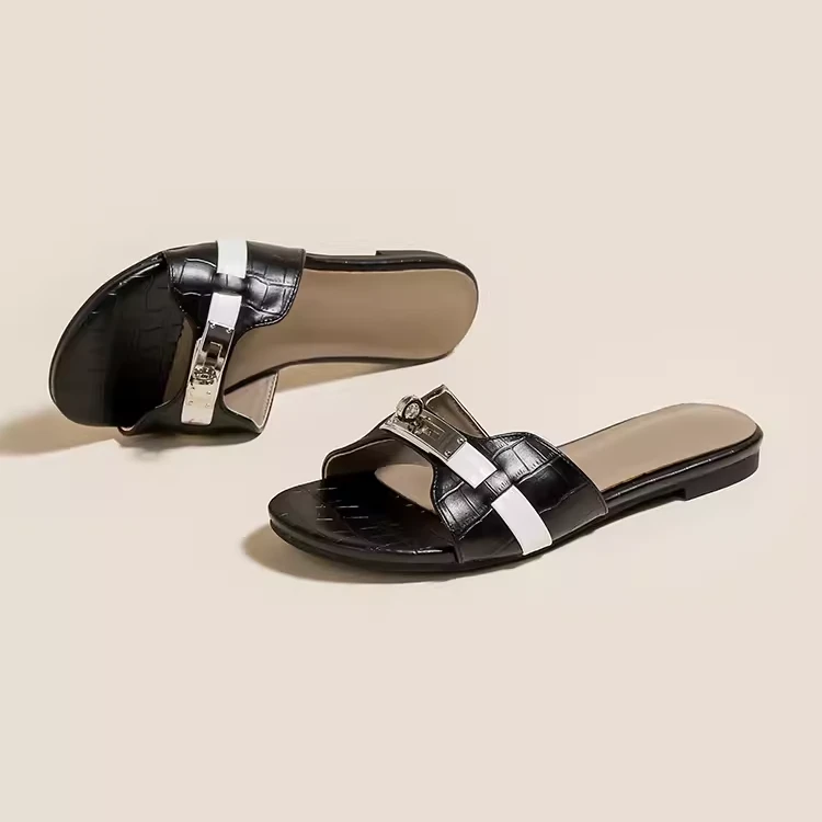 真皮版~小金扣鳄鱼纹法式一字拖鞋女孕妇外穿凉拖软底沙滩半拖鞋