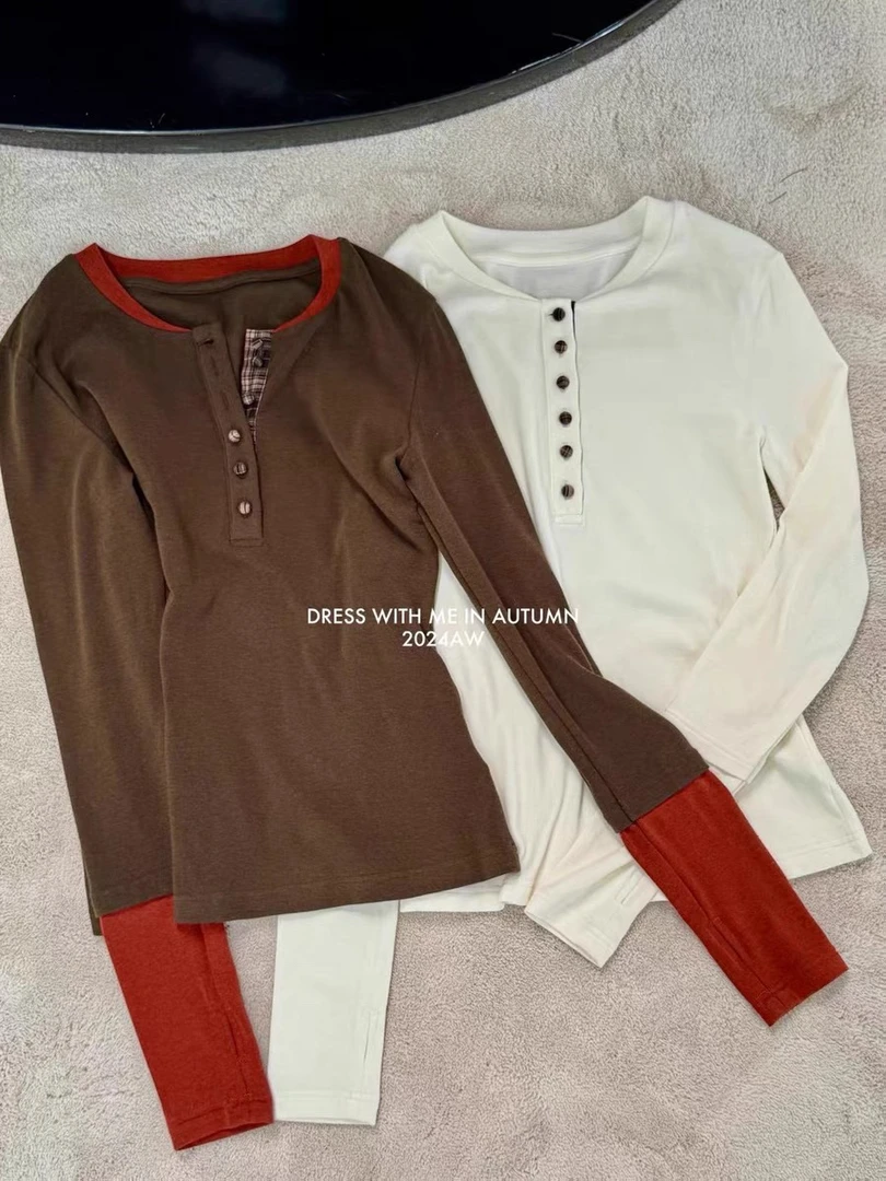 深圳南油TT ONE秋冬复古拼接假两件长袖T恤显瘦圆领上衣