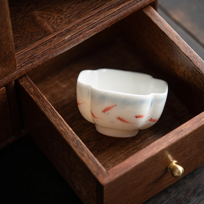 爱莲说 白汝窑手绘鱼趣茶杯羊脂玉瓷品茗杯手工陶瓷功夫茶具单杯