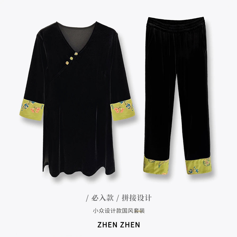 【珍珍甄选】丝绒纯色挽袖拼接复古时尚百搭斜襟新中式套装92063