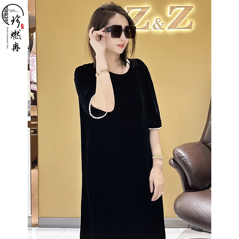 【珍珍原创】【国风丝绒纯色连衣裙】蚕丝显瘦气质拼接新中式94098