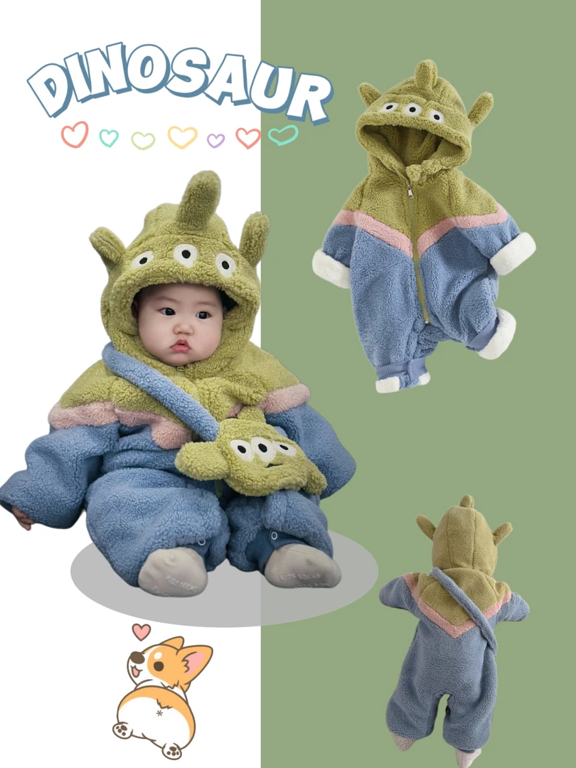 连体衣加绒加厚保暖毛毛衣外出服新生儿满月儿童婴儿洋气连帽秋冬