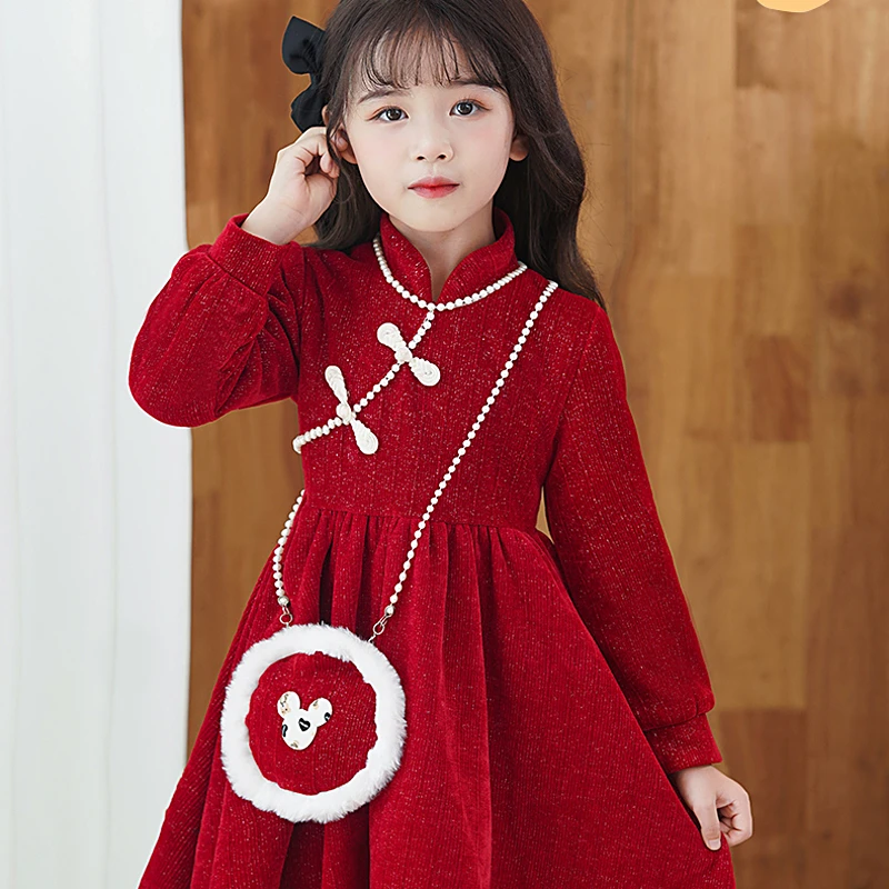 女童公主连衣裙过年衣服新年秋冬加绒儿童红色中国风拜年服小女孩