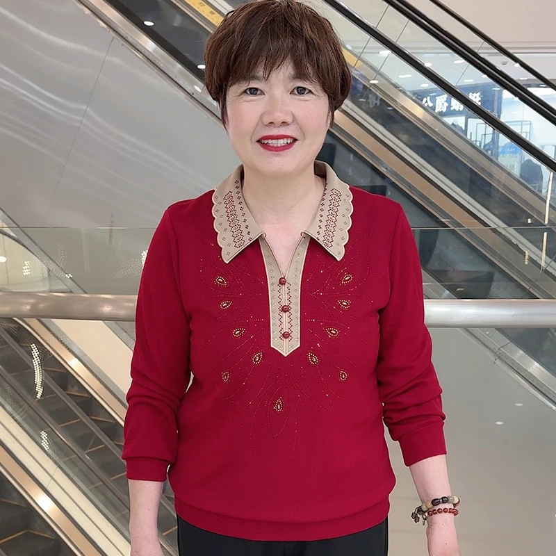 1287 早春中老年洋气妈妈装休闲宽松显瘦百搭简约纯色长袖上衣