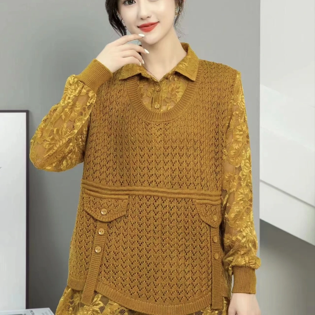 2025春季长袖常规衬衫袖纯色毛针织衫蕾丝毛衣套头衬衫打底衫针织