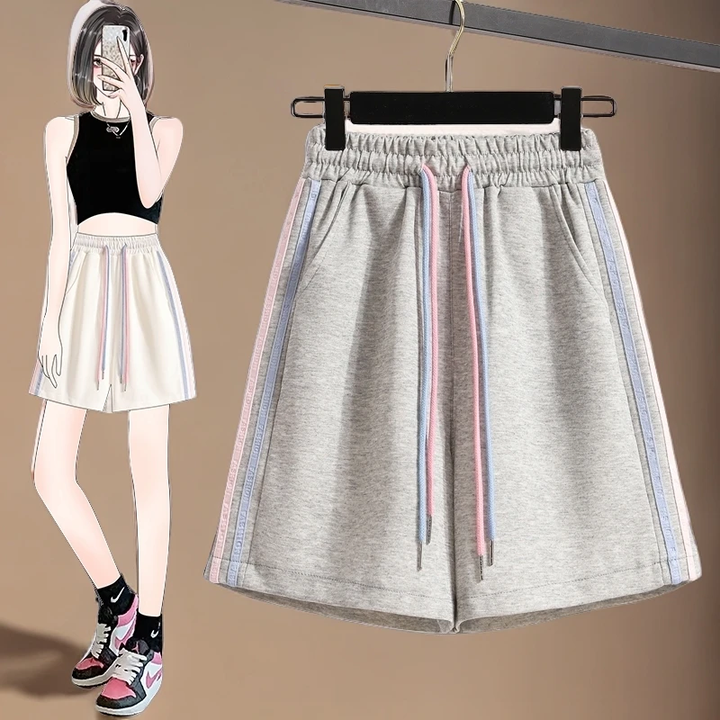 休闲短裤五分拉条大码运动中裤夏季2024新款A字宽松百搭阔腿裤女