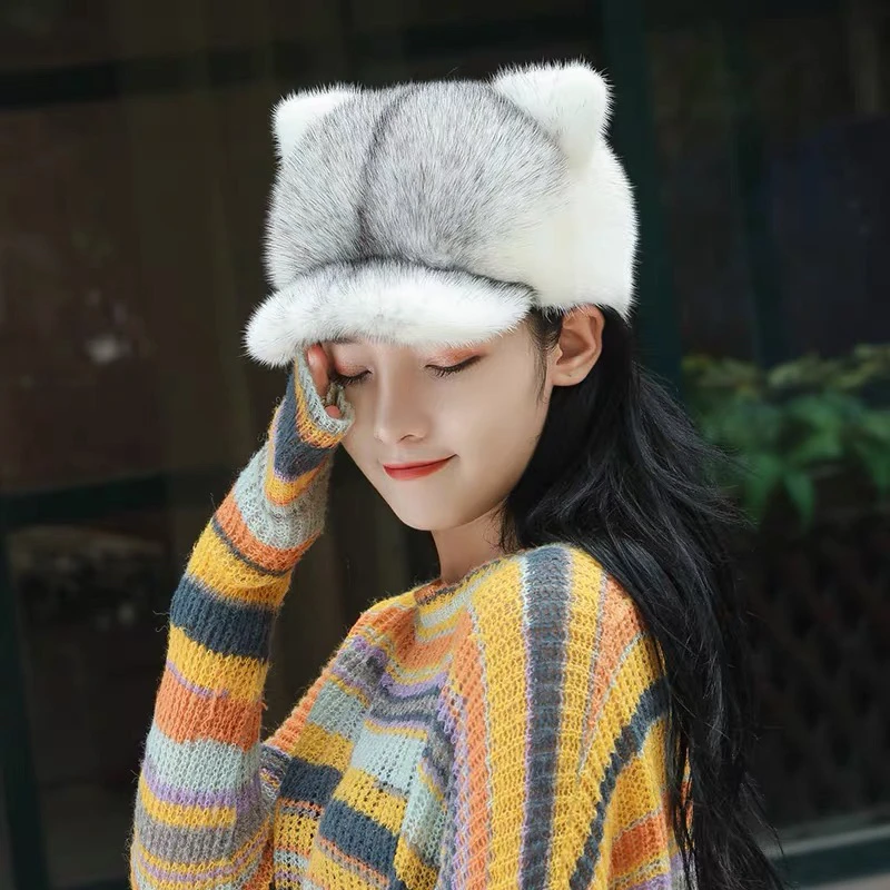 貂皮帽子女整貂水貂毛冬皮草亲子帽子棒球帽鸭舌帽猫耳朵护耳棉帽