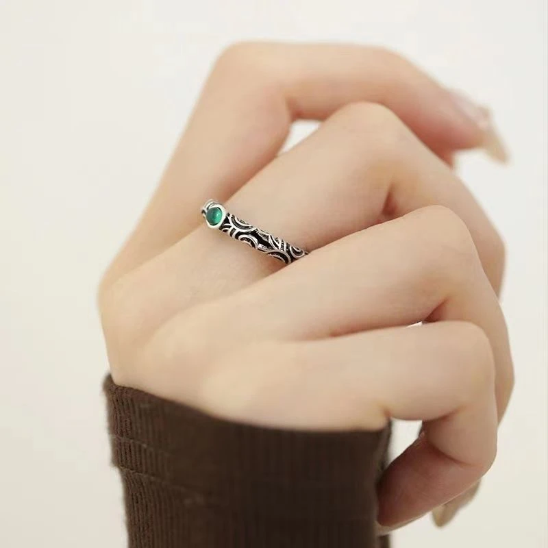 铜合金戒指 唐草纹绿色戒指女新款小众设计感时尚个性开口食指戒